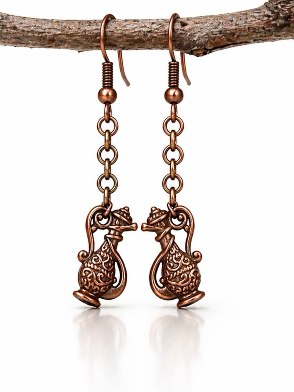 Copper Teapot Dangle Earrings, Boho Chain Drop, Vintage Style
